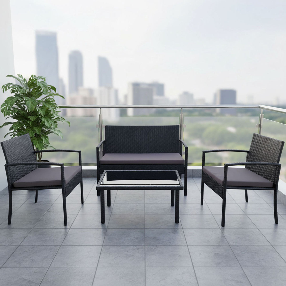 4-Piece Rattan Garden Furniture Set with Cushions