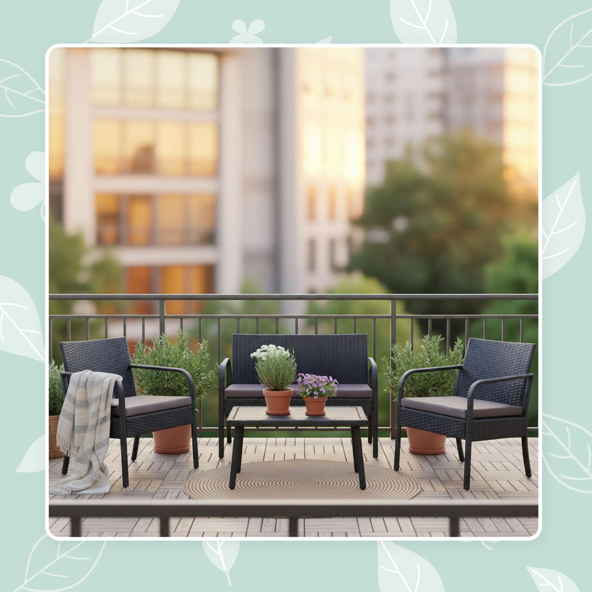 4-Piece Rattan Garden Set with Cushions