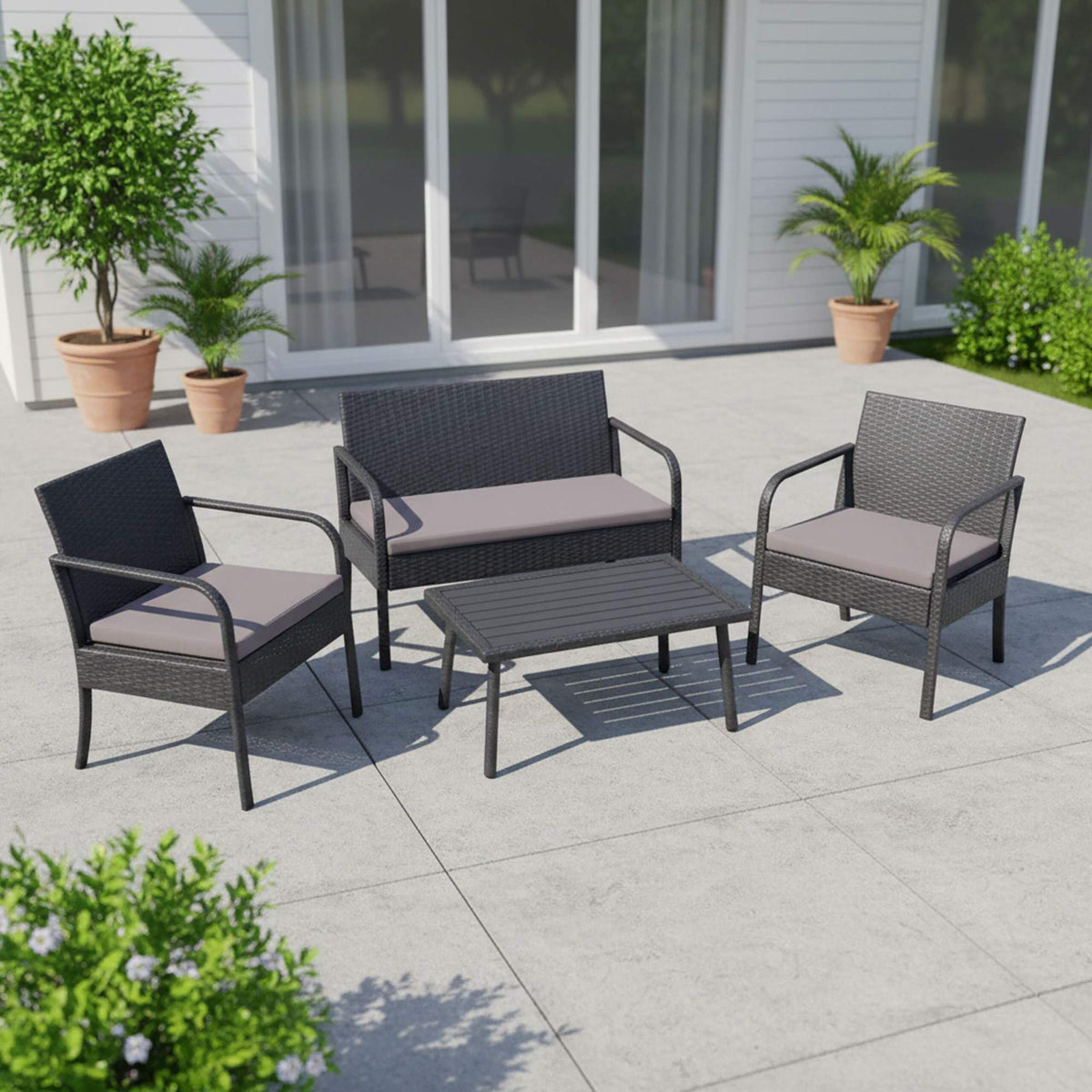 4-Piece Rattan Garden Set with Cushions