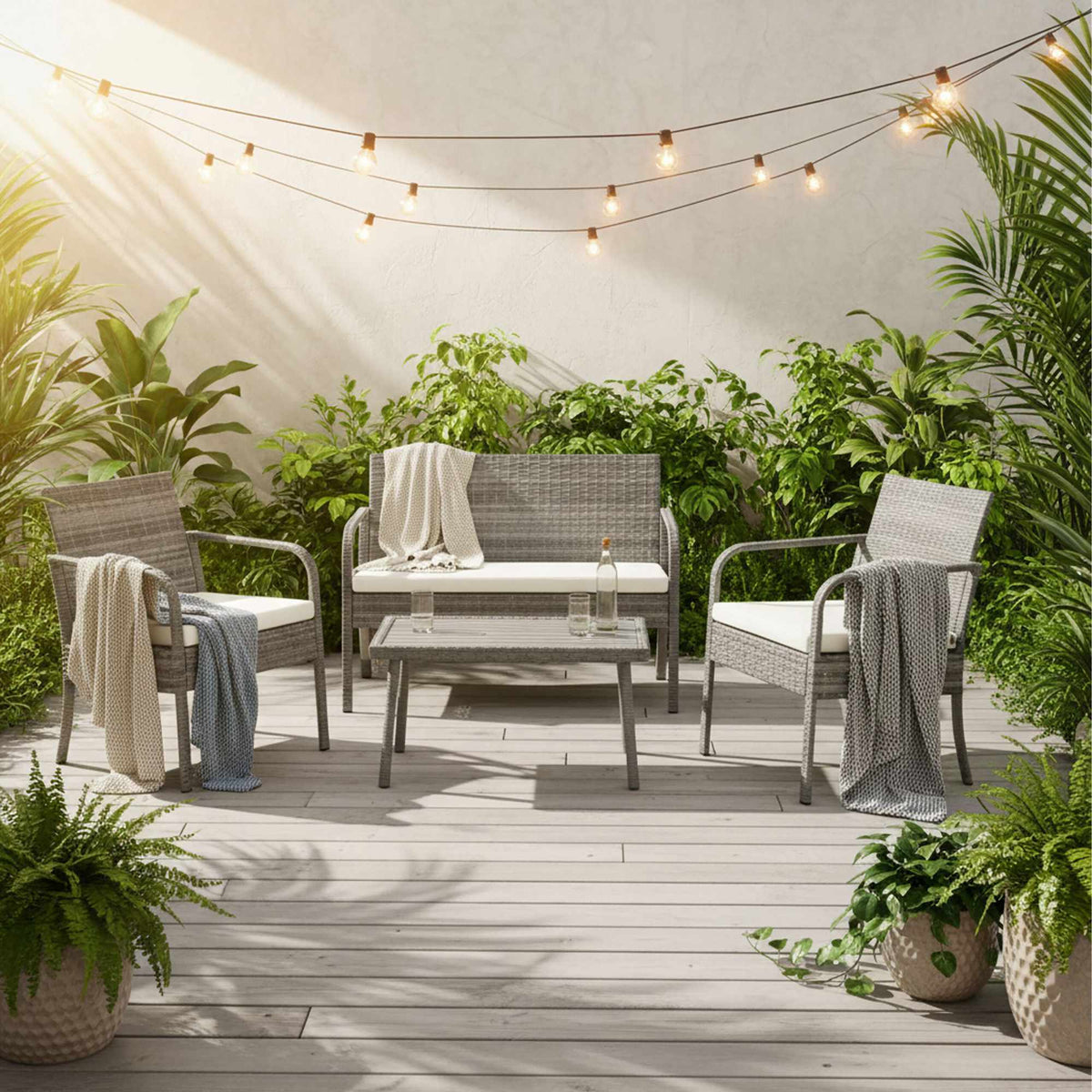 4-Piece Rattan Garden Set with Cushions