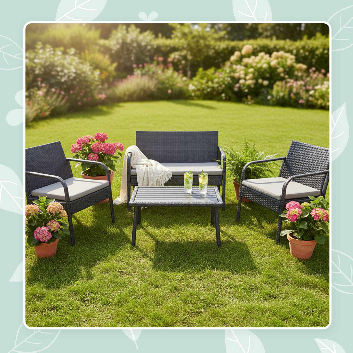 4-Piece Rattan Garden Set with Cushions