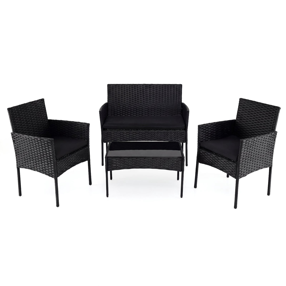 4-Piece Rattan Patio Furniture Set, Cushions, Black