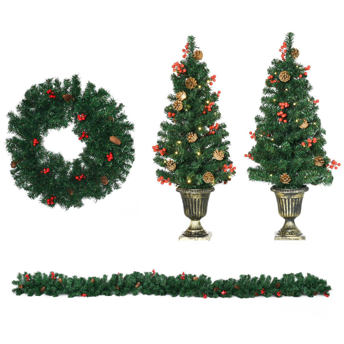 4-Piece Set Of Christmas Decorations, Front Door Decoration, Christmas Set With Led Lighting Including 2 Christmas Trees, 1 Christmas Wreath, 1 Christmas Garland