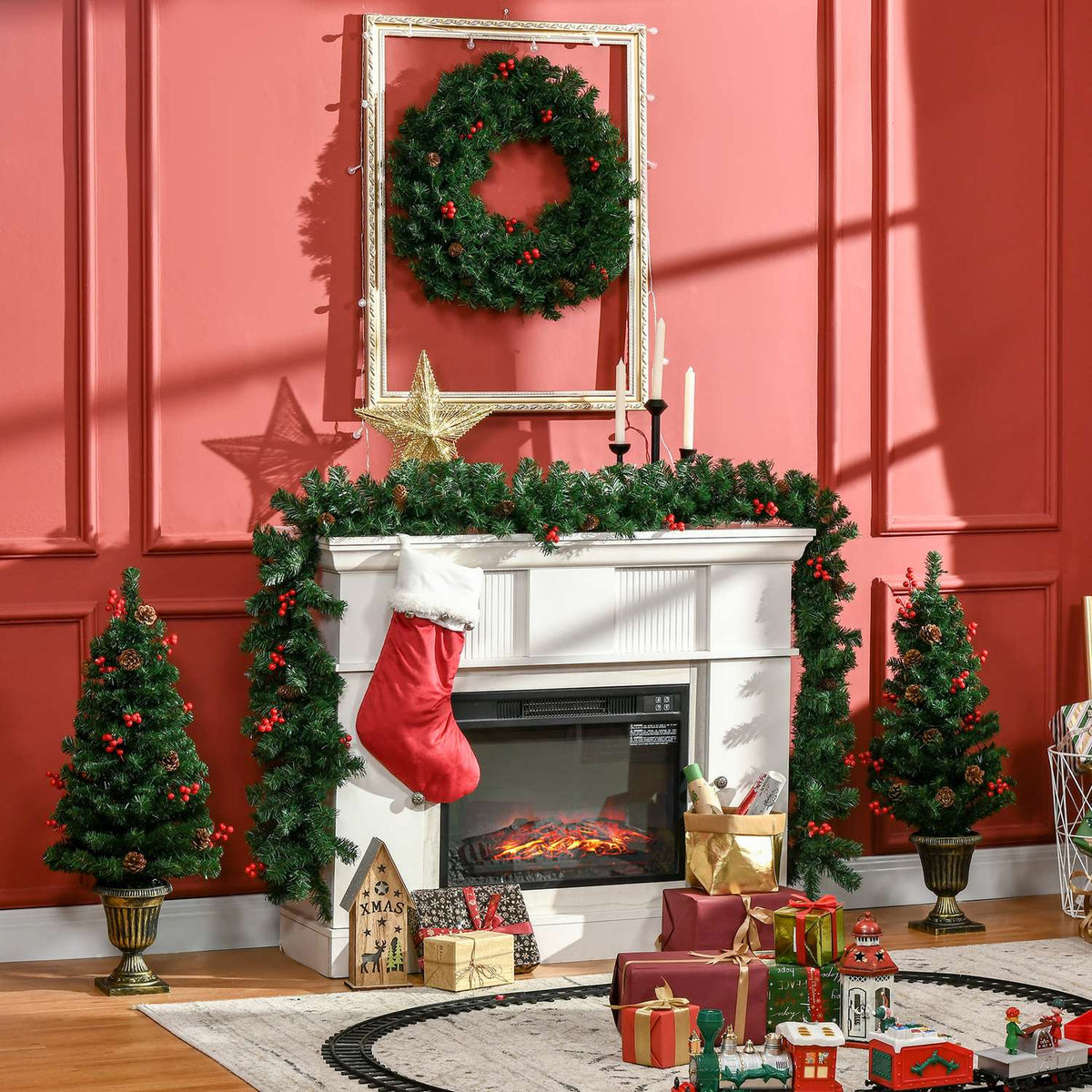 4-Piece Set Of Christmas Decorations, Front Door Decoration, Christmas Set With Led Lighting Including 2 Christmas Trees, 1 Christmas Wreath, 1 Christmas Garland