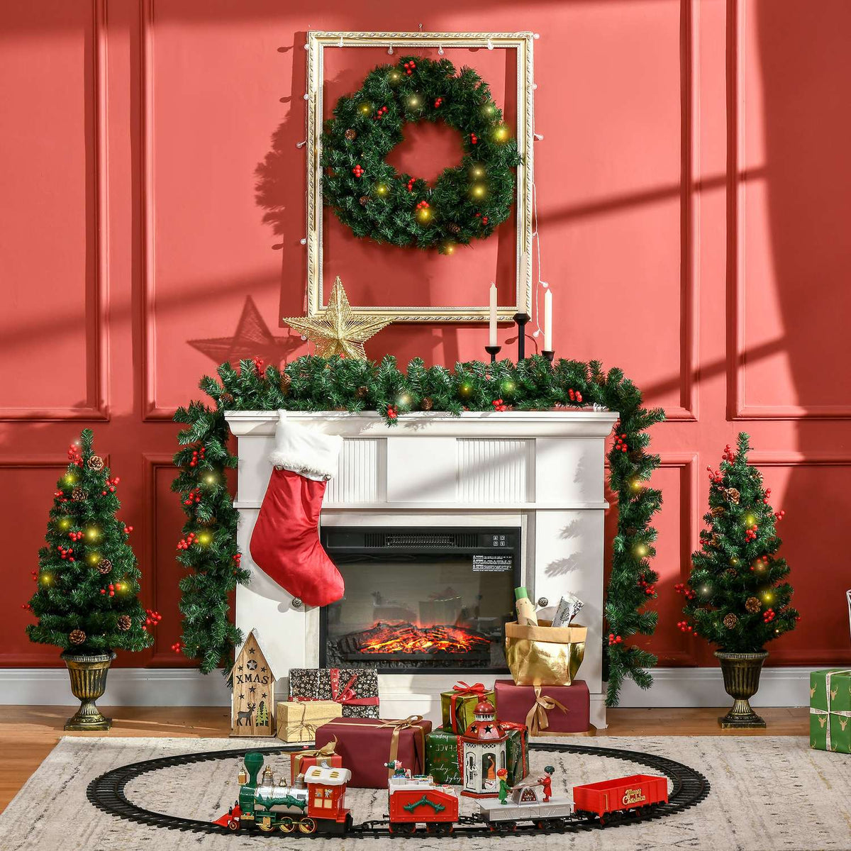 4-Piece Set Of Christmas Decorations, Front Door Decoration, Christmas Set With Led Lighting Including 2 Christmas Trees, 1 Christmas Wreath, 1 Christmas Garland