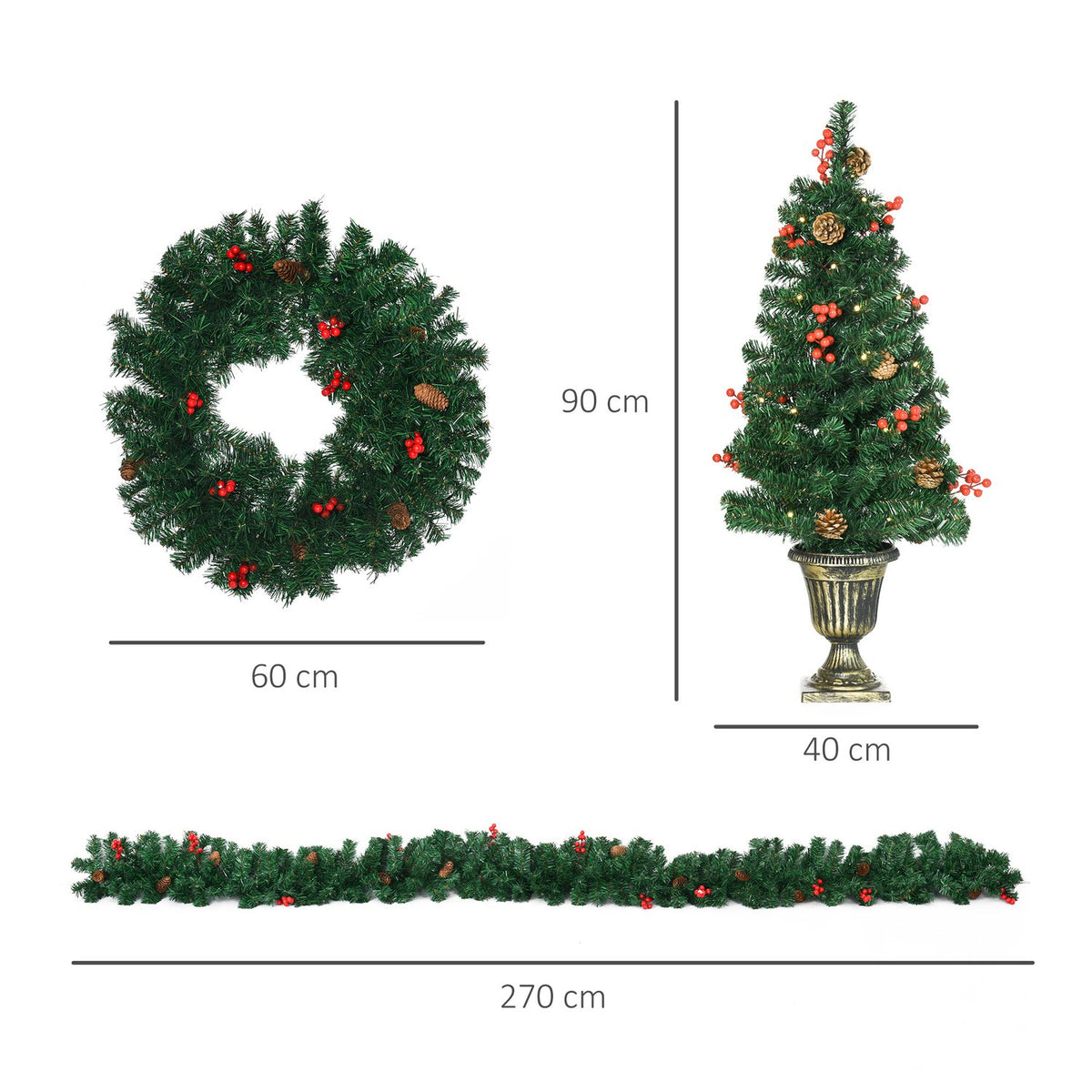 4-Piece Set Of Christmas Decorations, Front Door Decoration, Christmas Set With Led Lighting Including 2 Christmas Trees, 1 Christmas Wreath, 1 Christmas Garland