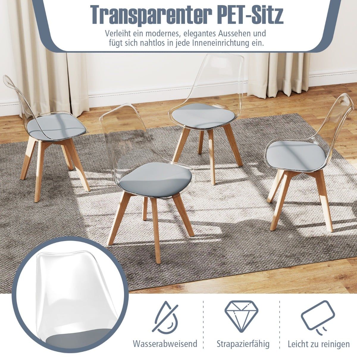 4-Piece Set Transparent Dining Chairs with Wood Legs
