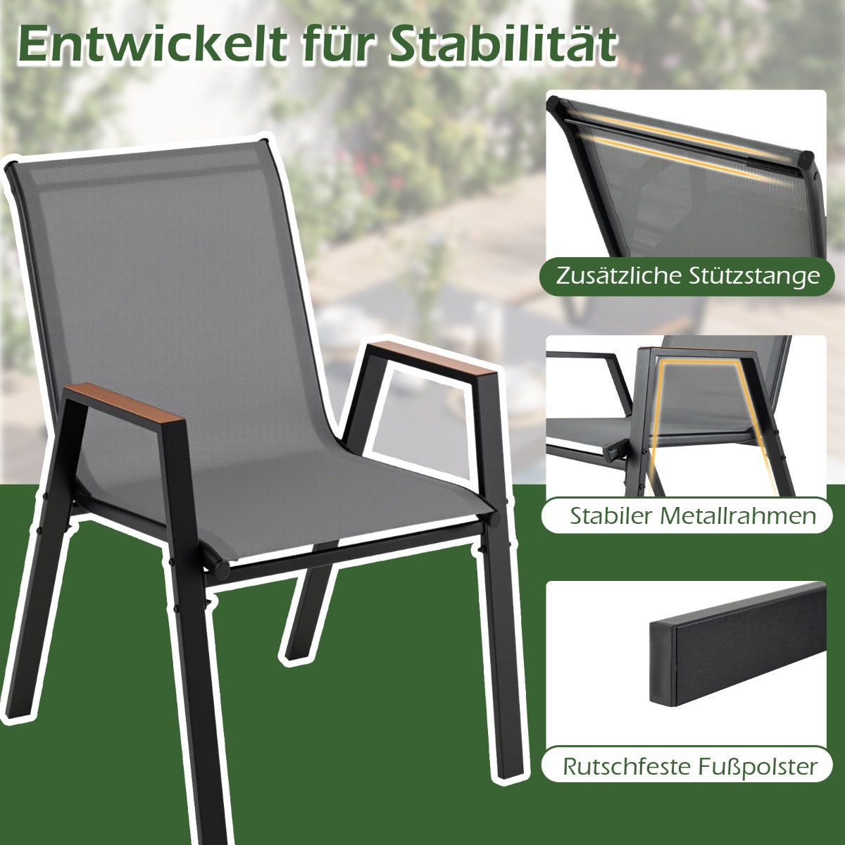 4-Piece Stackable Garden Chairs, Breathable Teslin Fabric