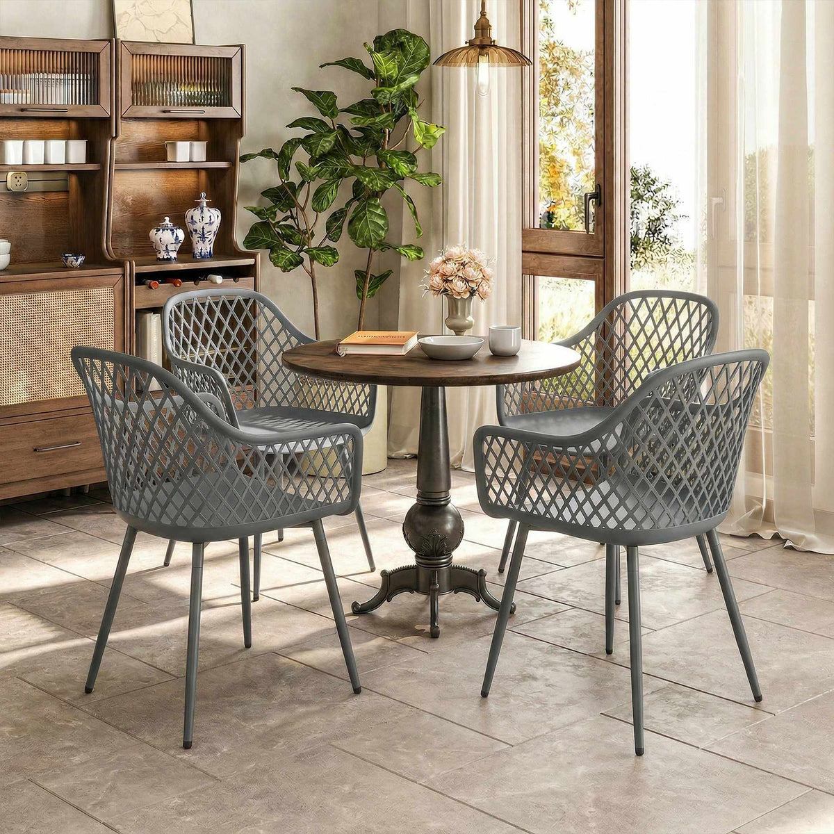 4-Piece UV-Resistant Dark Grey Plastic Garden Chairs Set