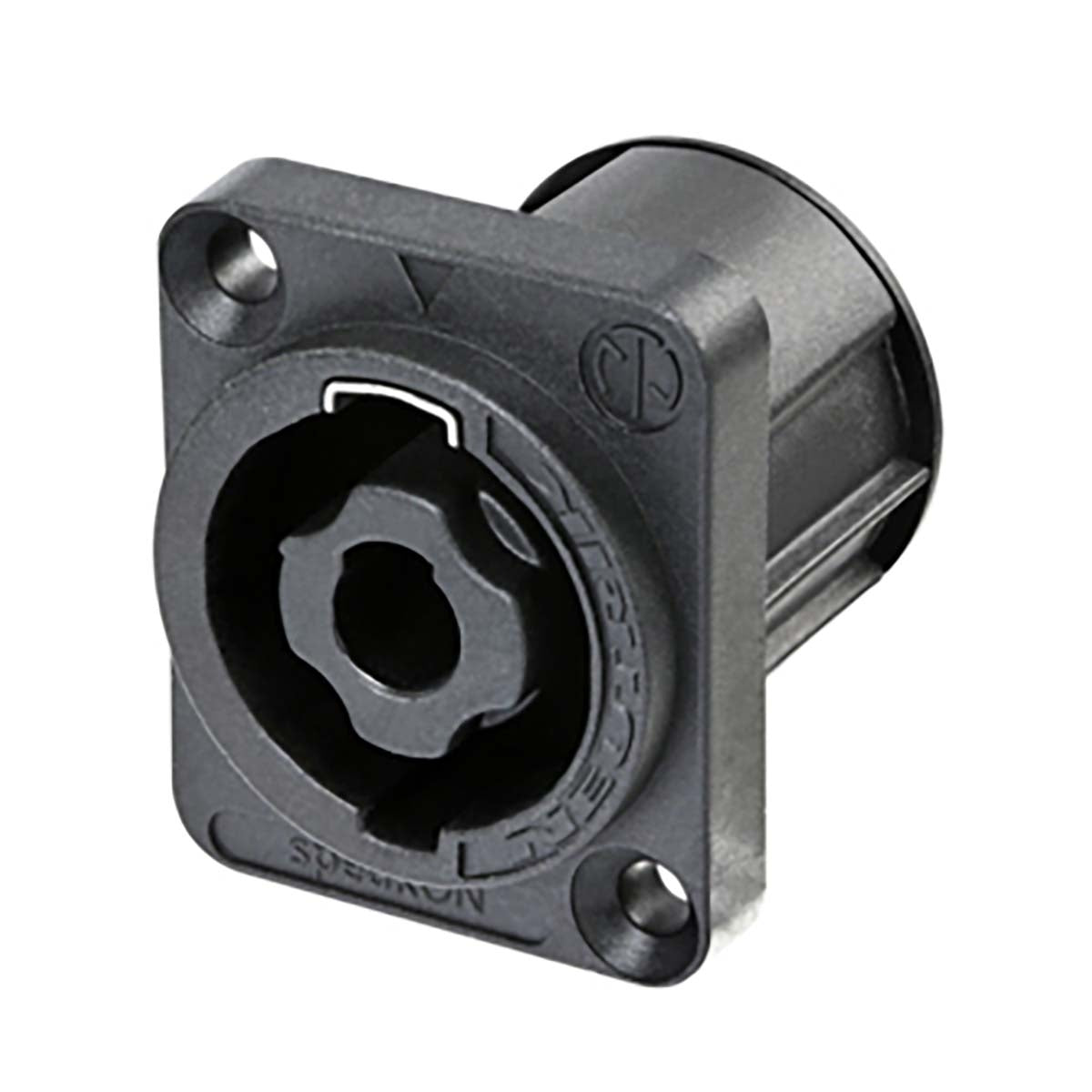 4-Pin Chassis Connector, D-Size Black Flange, Countersunk Through Holes, 3/16" Flat Tabs.