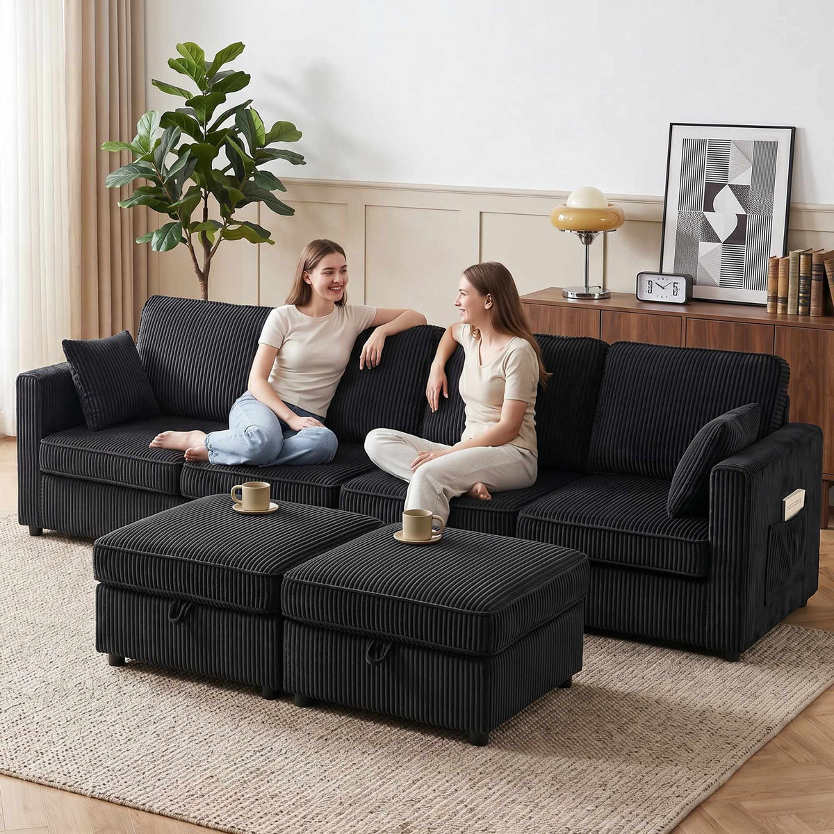 4-Seater U-Shaped Corduroy Sofa with Storage Ottoman