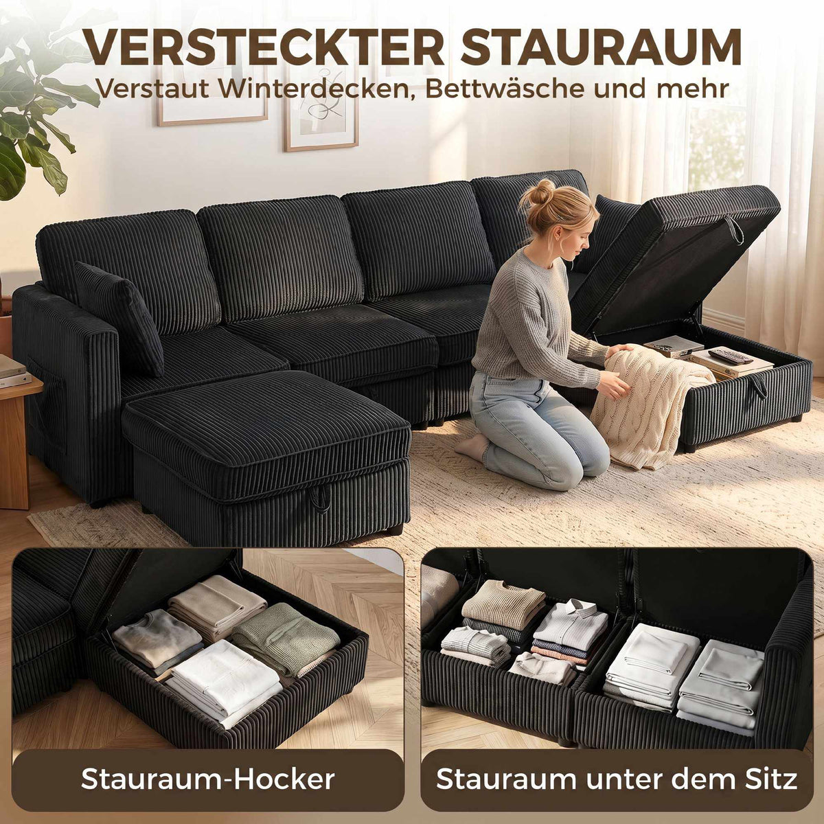 4-Seater U-Shaped Corduroy Sofa with Storage Ottoman