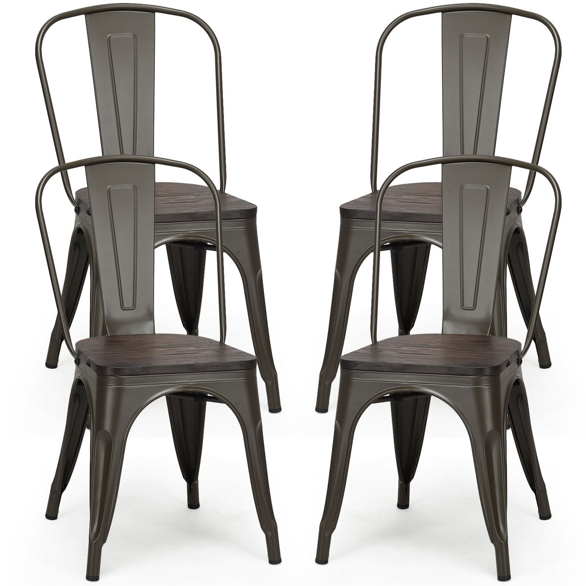 4 Stackable Metal Dining Chairs With Wood Seat, Gunmetal