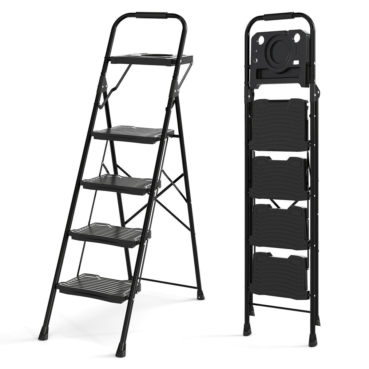 4-Step Folding Ladder with Tool Tray, Non-Slip Pedals