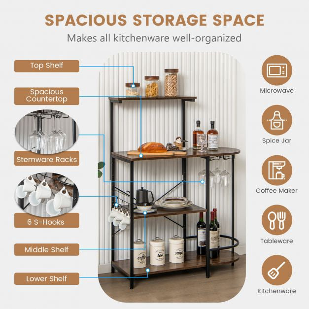 4-Tier Bakers Rack with Stemware Rack and 6 S-Hooks