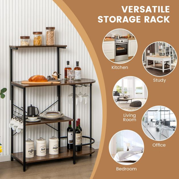 4-Tier Bakers Rack with Stemware Rack and 6 S-Hooks