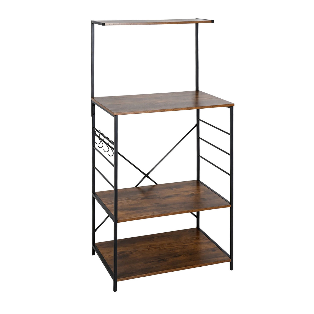 4-Tier Black Kitchen Shelf with Hooks – Metal & MDF
