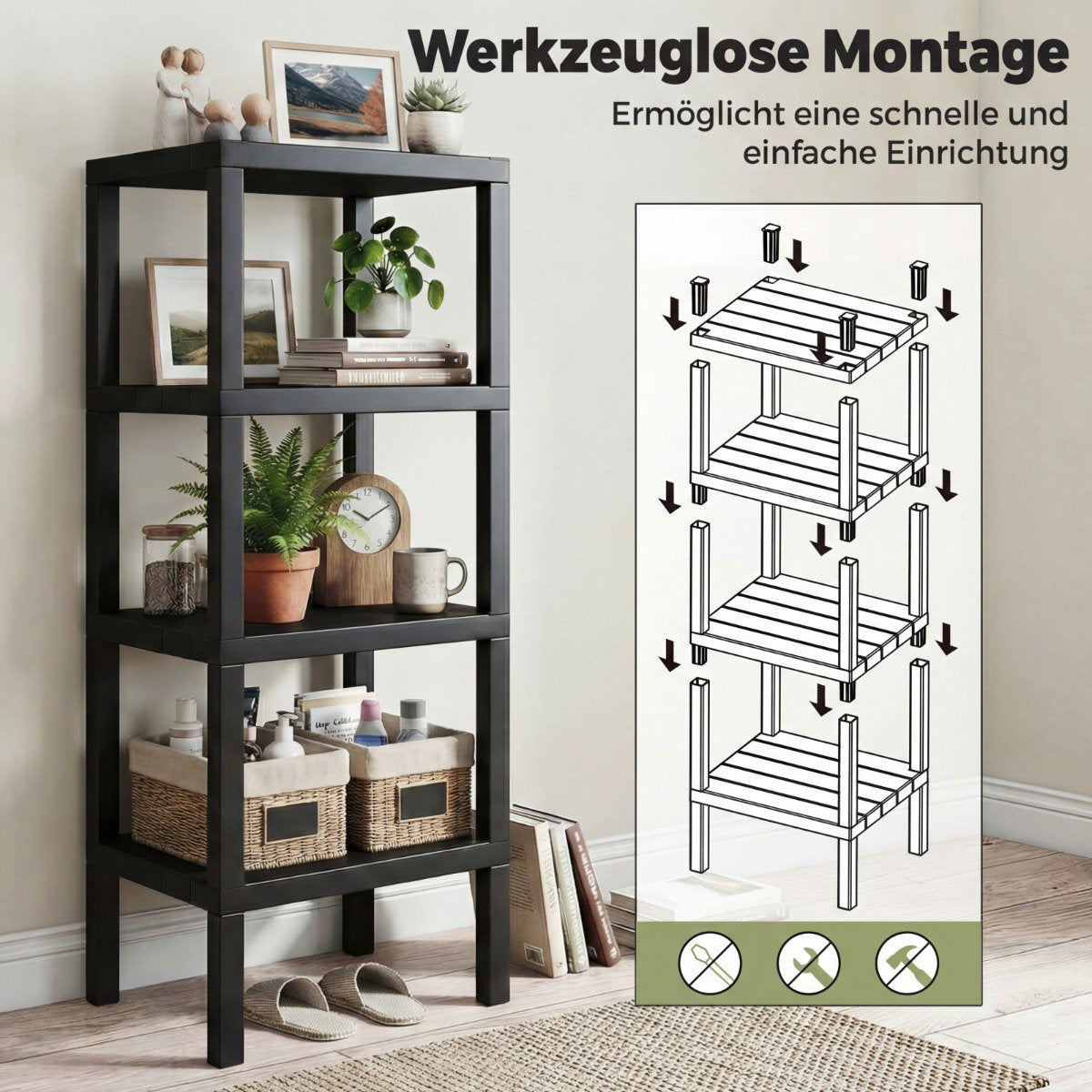 4-Tier Black Plastic Storage Shelf for Bathroom and Kitchen