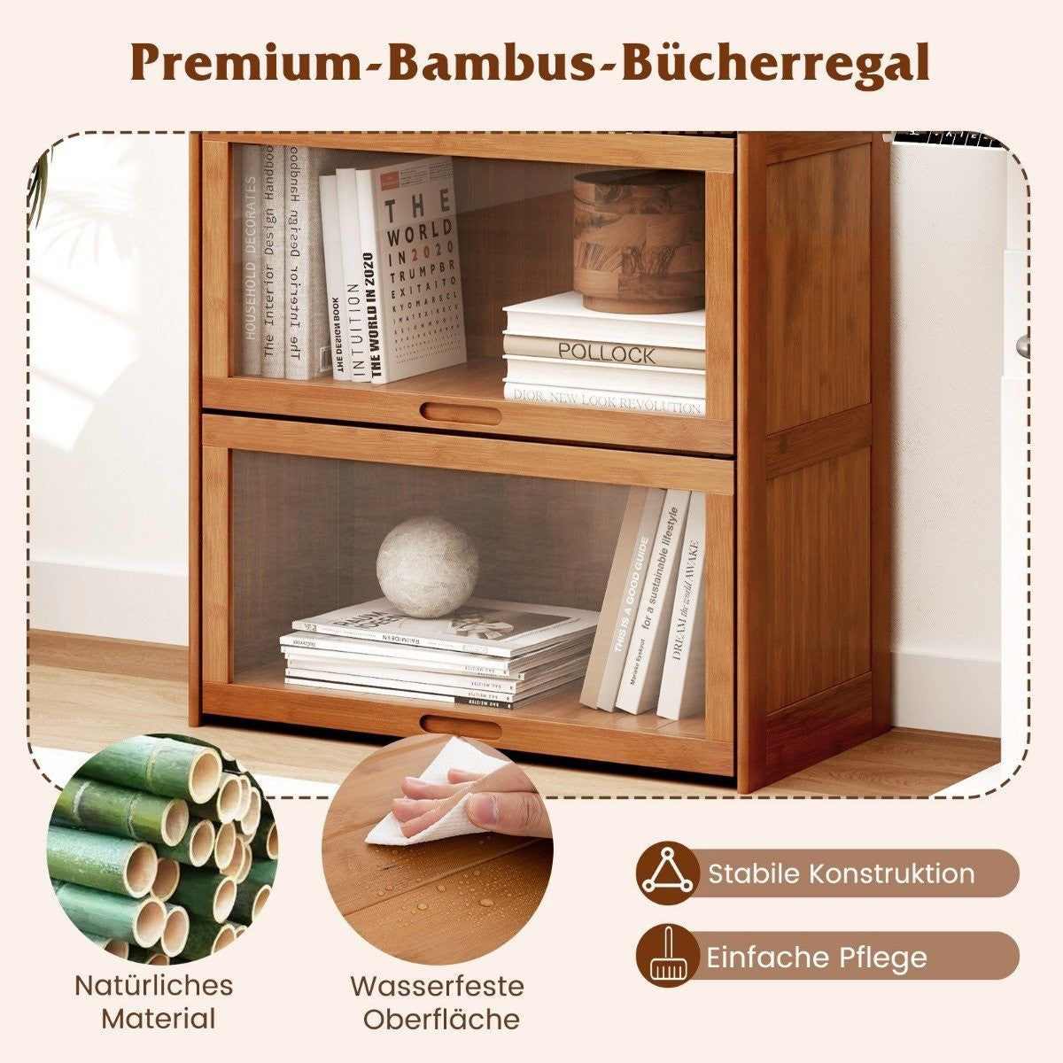 4 Tier Bookcase with Acrylic Doors Bamboo Display Cabinet 69 x 34 x 140 cm Brown