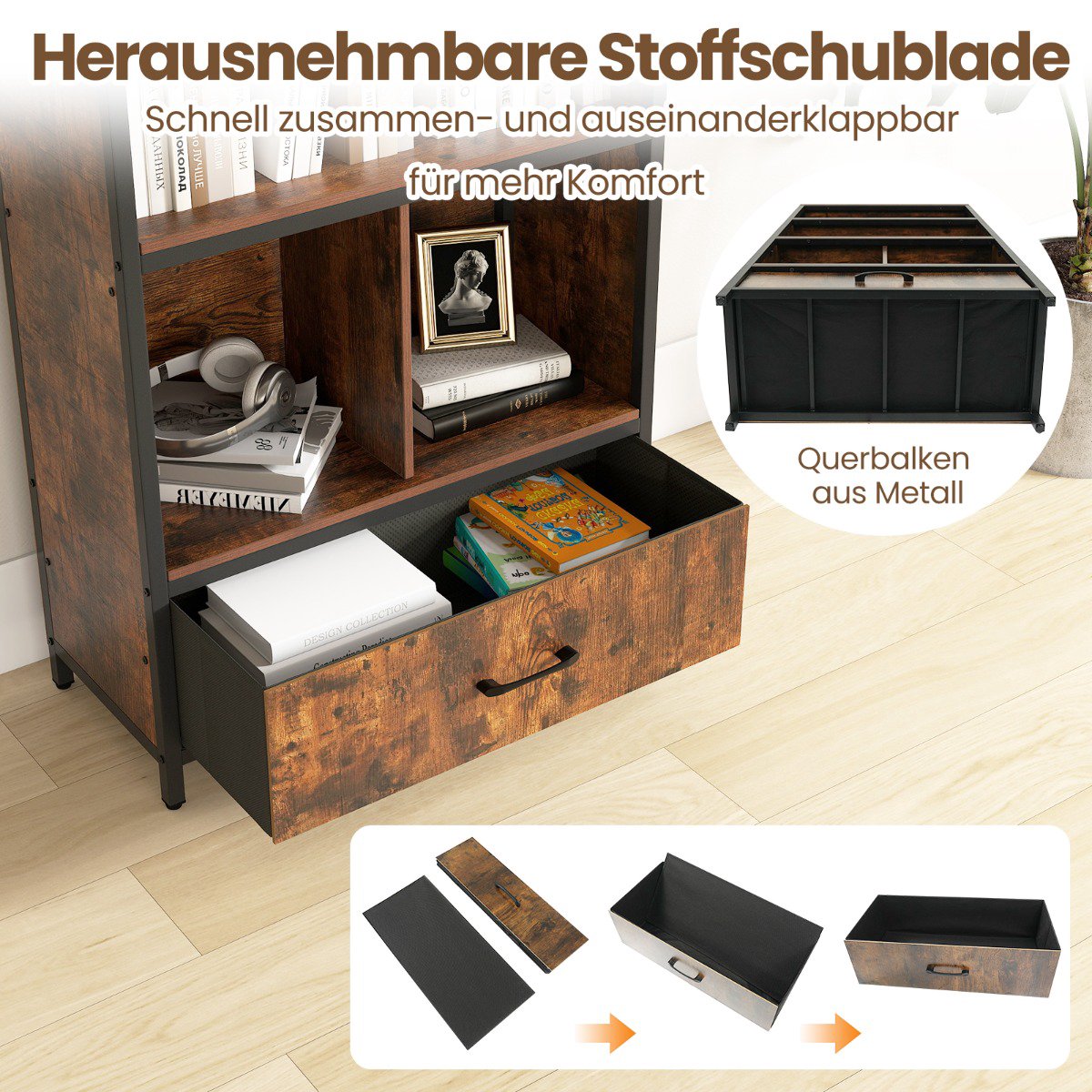 4-Tier Bookshelf with Open Shelves & Fabric Drawer, Brown