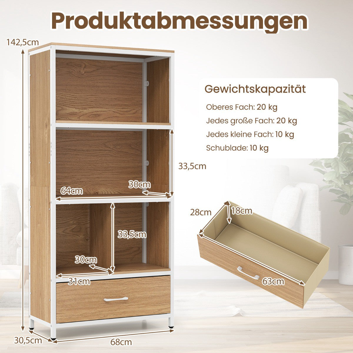 4-Tier Bookshelf with Open Shelves & Fabric Drawer