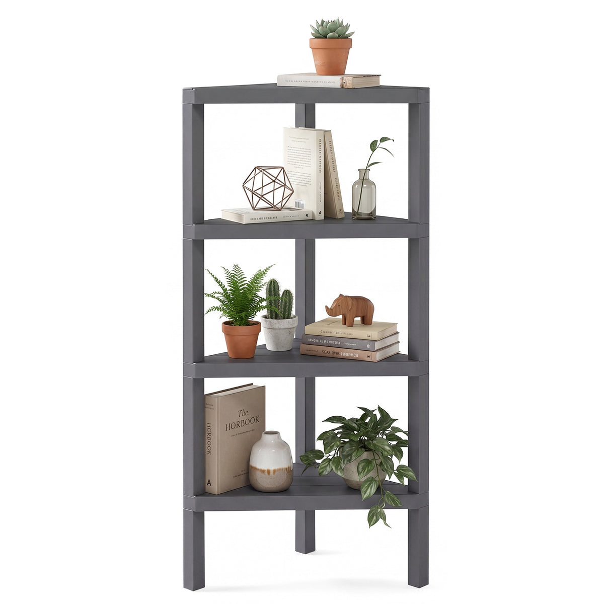 4-Tier Corner Bookshelf with Open Slatted Shelves, Grey