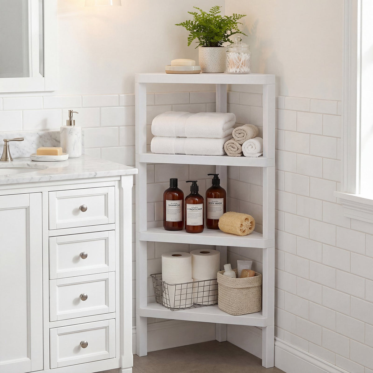 4-Tier Corner Bookshelf with Open Slatted Shelves, White