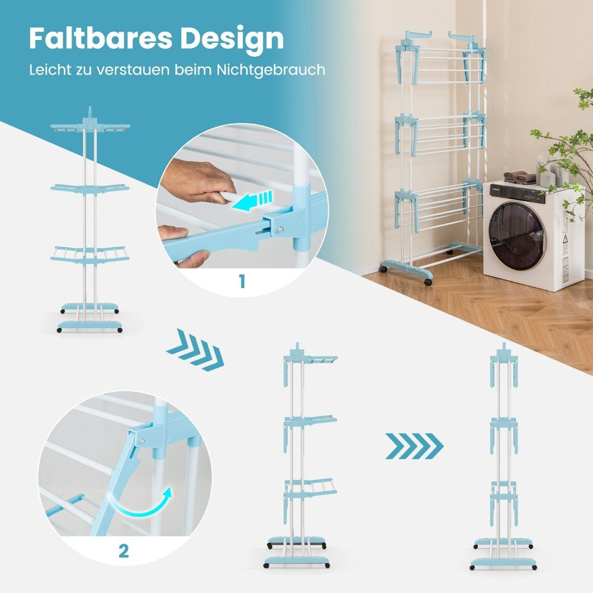 4-Tier Foldable Clothes Drying Rack with Wheels