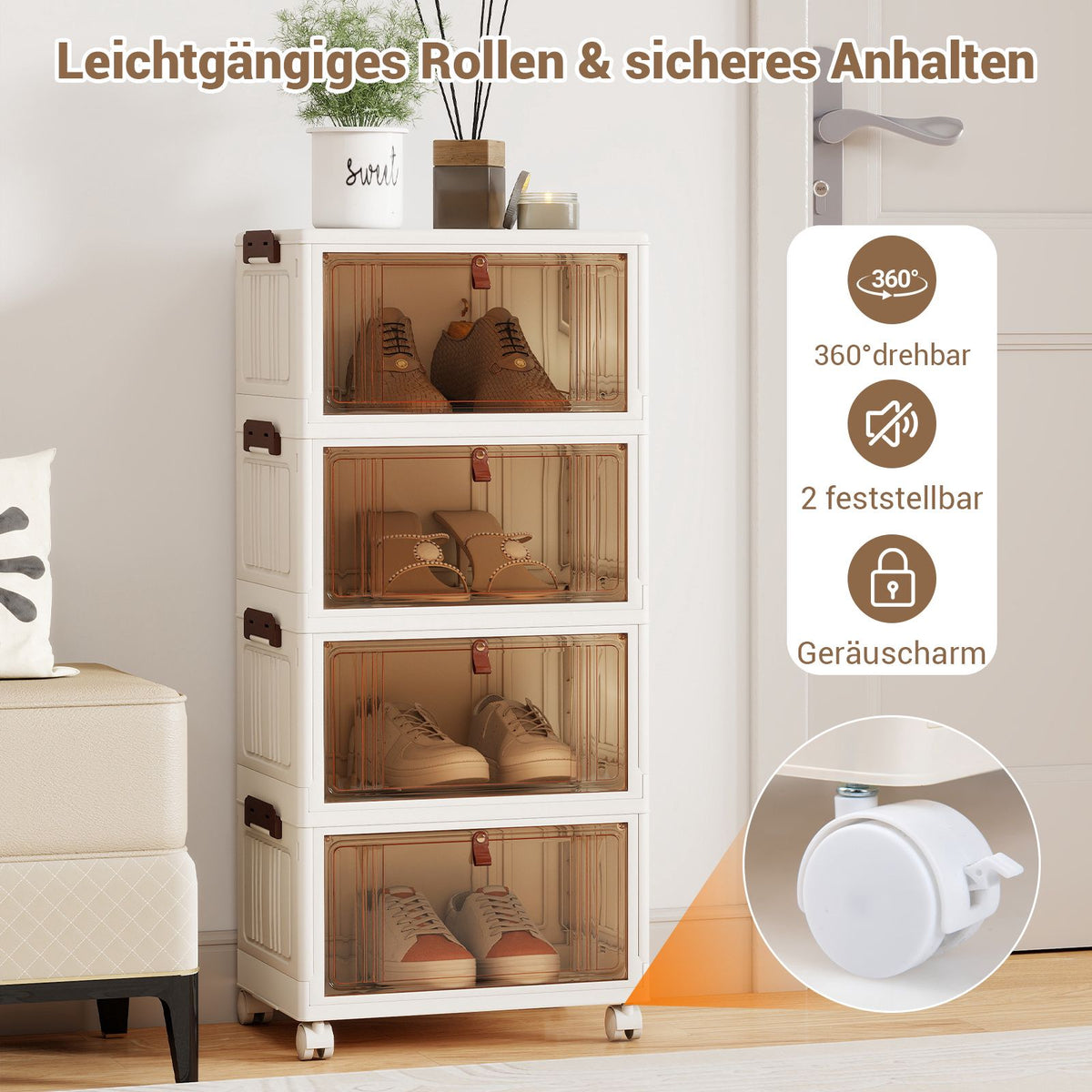 4-Tier Foldable Shoe Storage Box with Wheels, White
