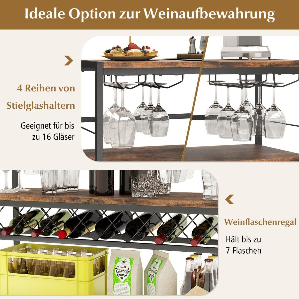 4 Tier Freestanding Wine Rack with Wine Cellar & 4 Rows Glass Holder Wine Bar Table