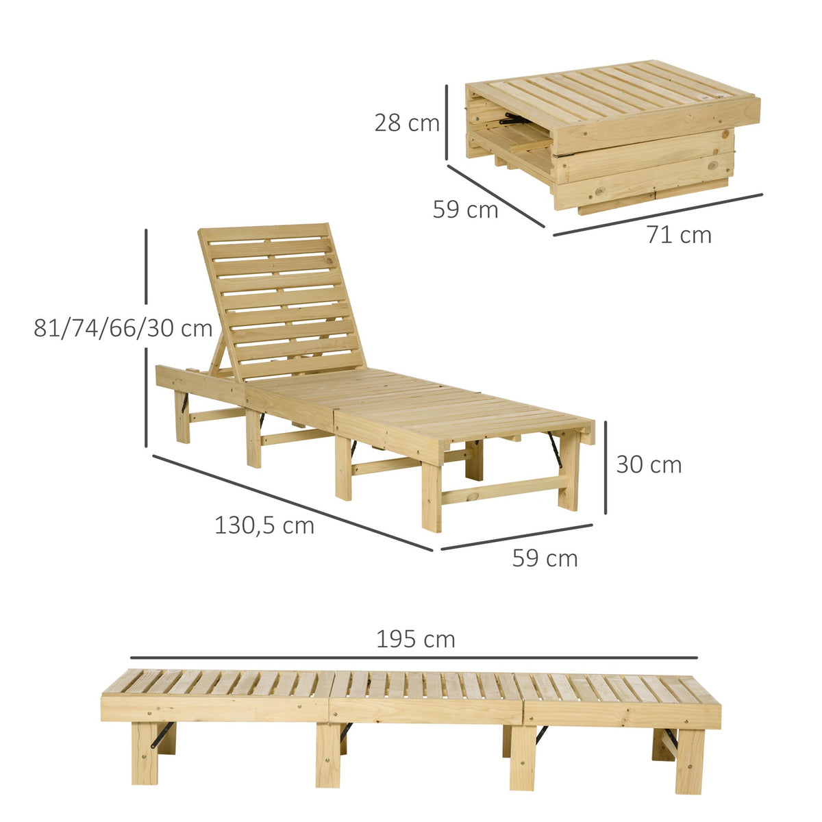 4-Tier Garden Lounger Sun Lounger Deck Chair Garden Furniture Garden Foldable Adjustable Natural Pine Wood 195 X 59 X 30 Cm