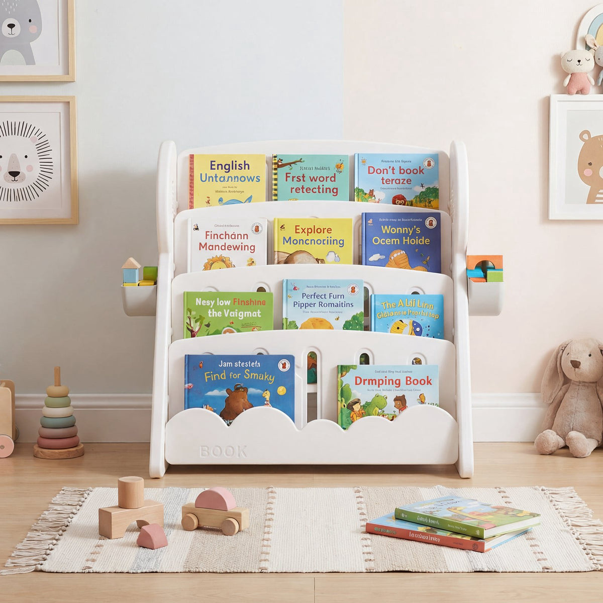 4-Tier Kids Bookshelf with Storage Boxes, Reversible Shelf