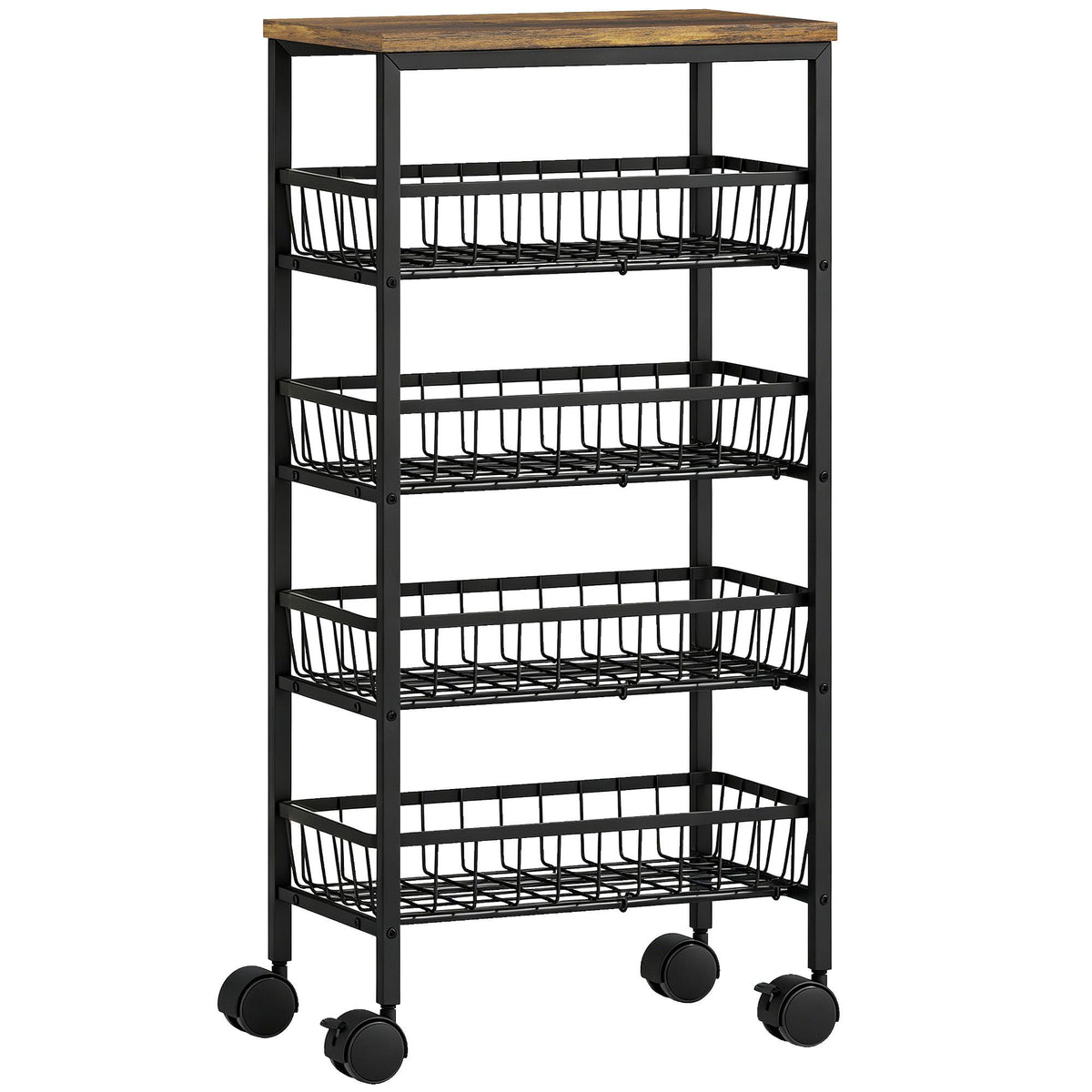 4-Tier Kitchen Trolley with Baskets and Wheels, Brown