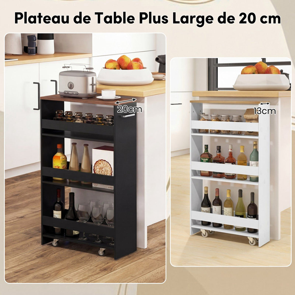 4-Tier Narrow Rolling Storage Cart, 20 cm, Black