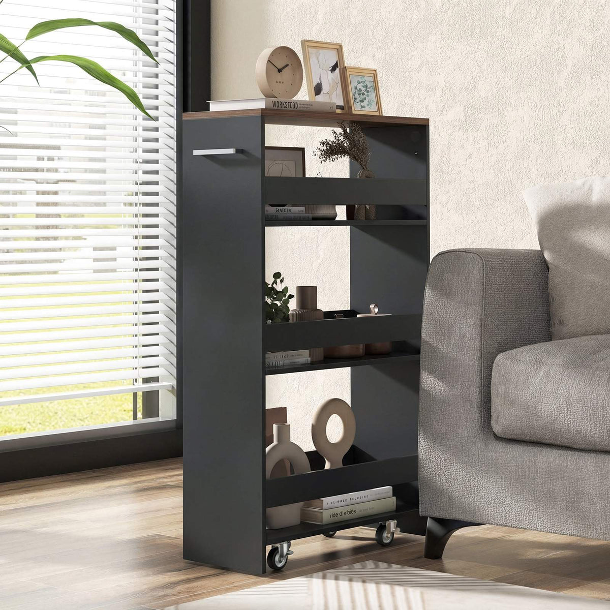 4-Tier Narrow Rolling Storage Cart, 20 cm, Black