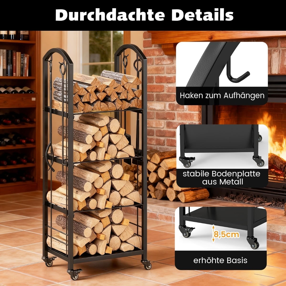 4-Tier Rolling Firewood Rack with Tools – Indoor/Outdoor