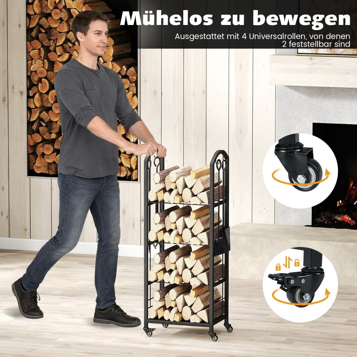 4-Tier Rolling Firewood Rack with Tools – Indoor/Outdoor