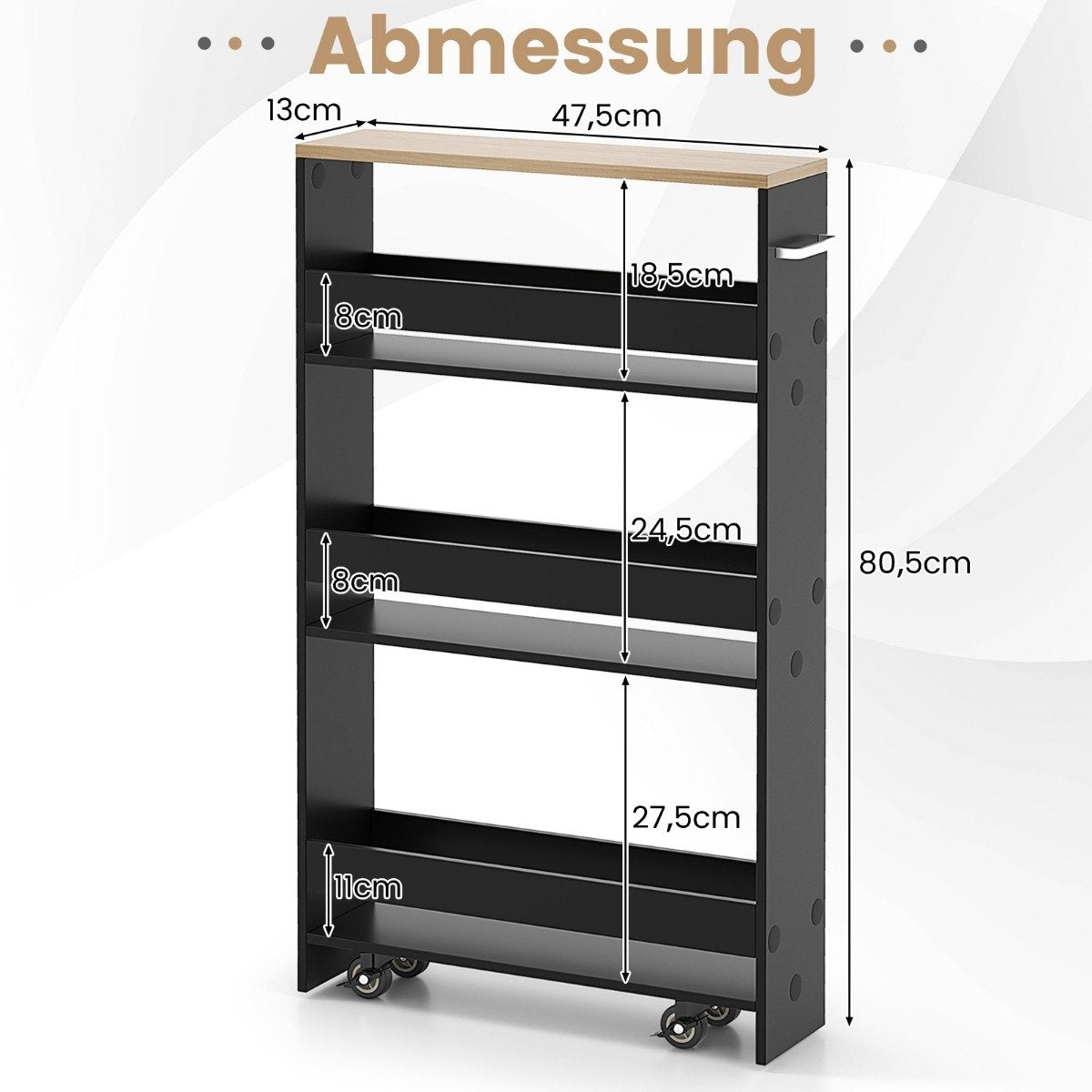 4-Tier Rolling Wood Storage Cart with Handle, Black/Natural