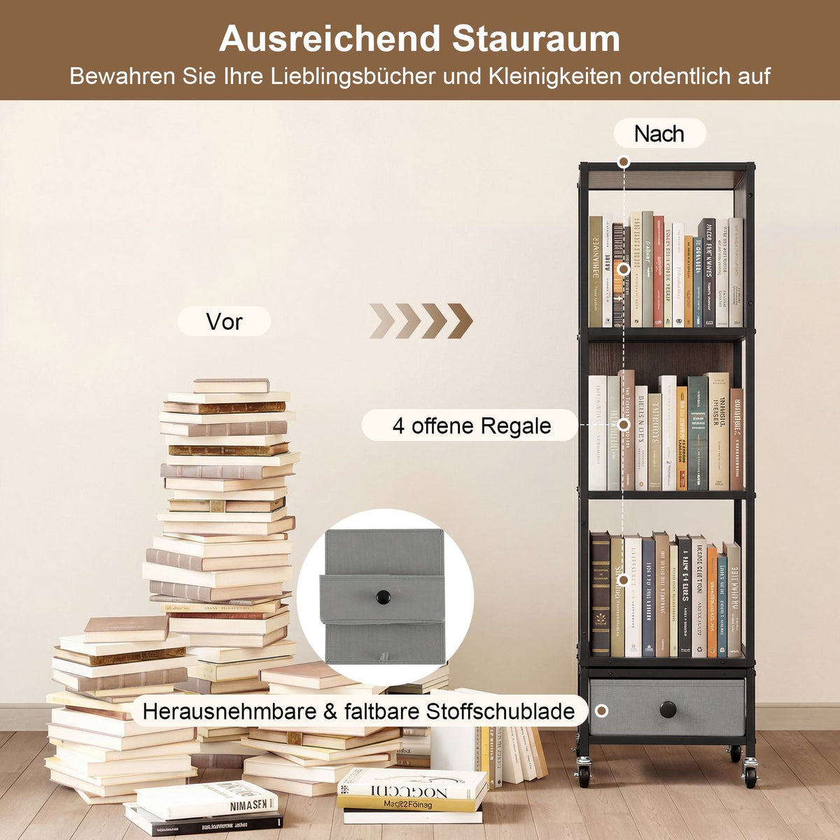 4-Tier Rotating Bookshelf with Wheels and Drawer, Gray