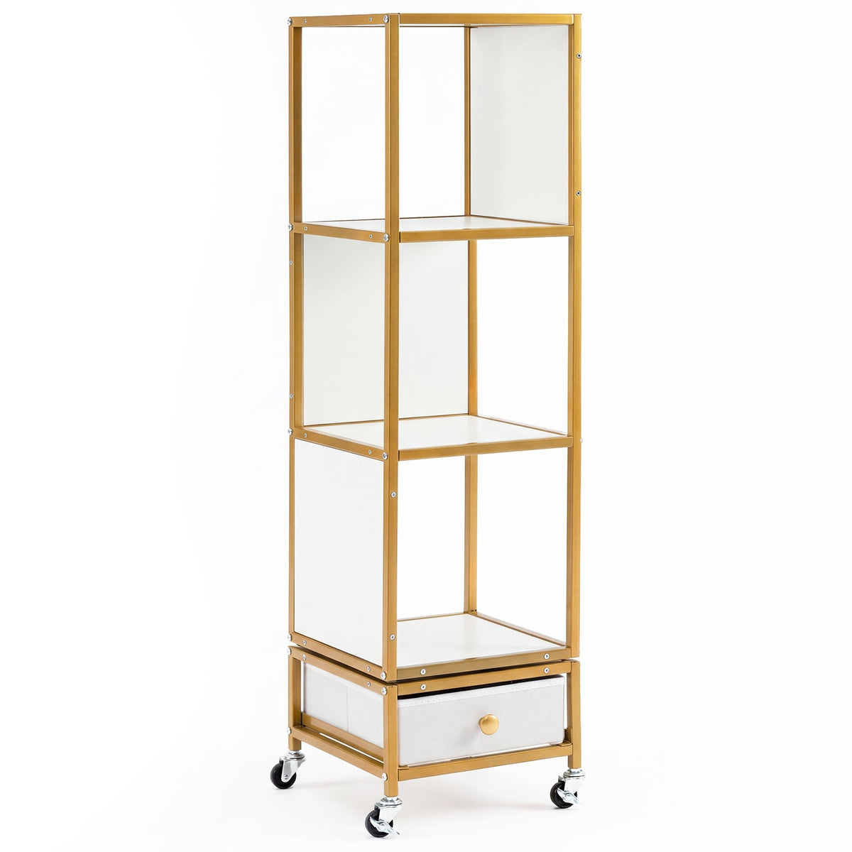 4-Tier Rotating Bookshelf with Wheels and Fabric Drawer