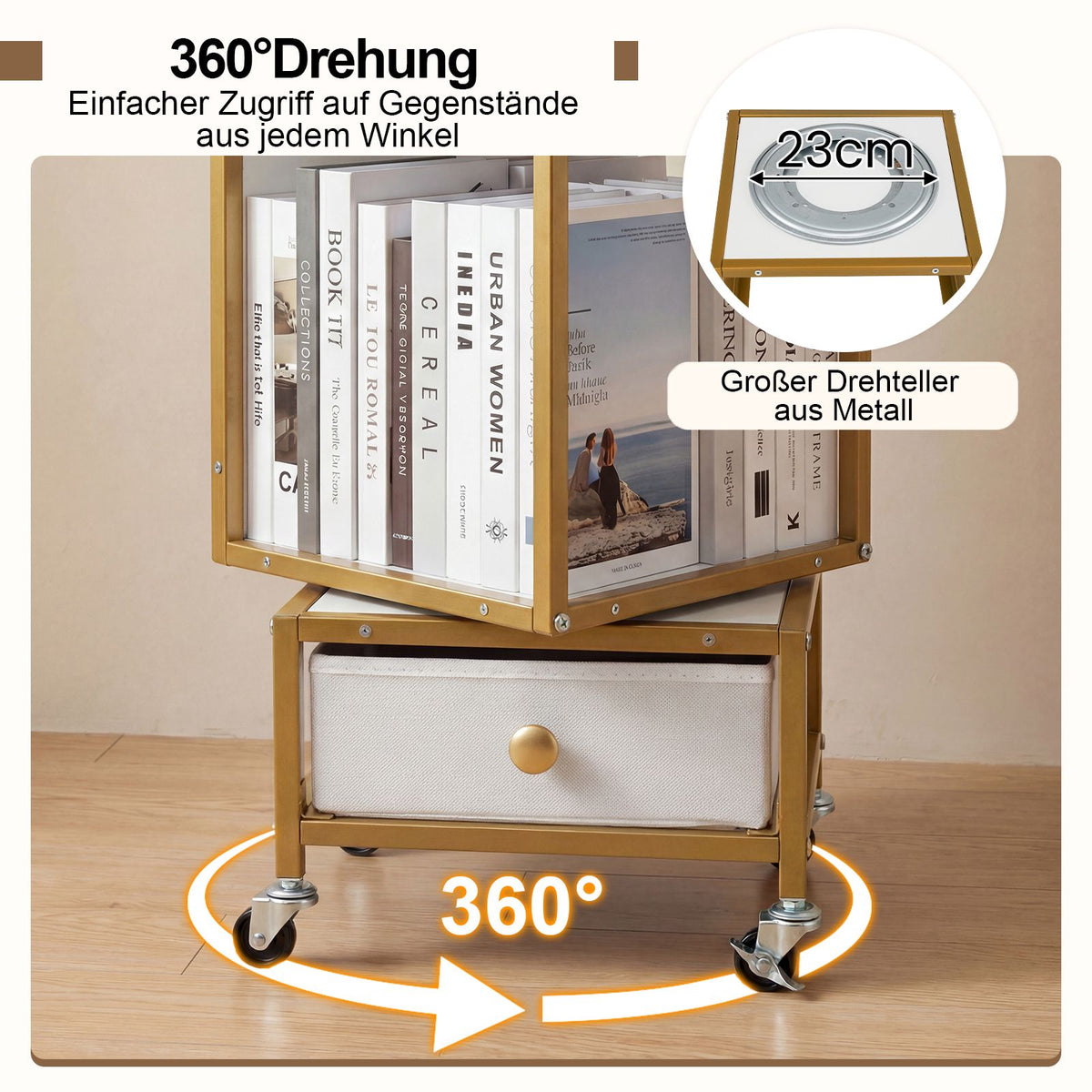 4-Tier Rotating Bookshelf with Wheels and Fabric Drawer