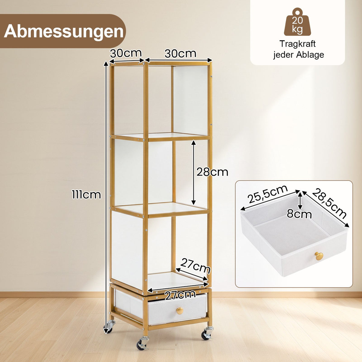 4-Tier Rotating Bookshelf with Wheels and Fabric Drawer