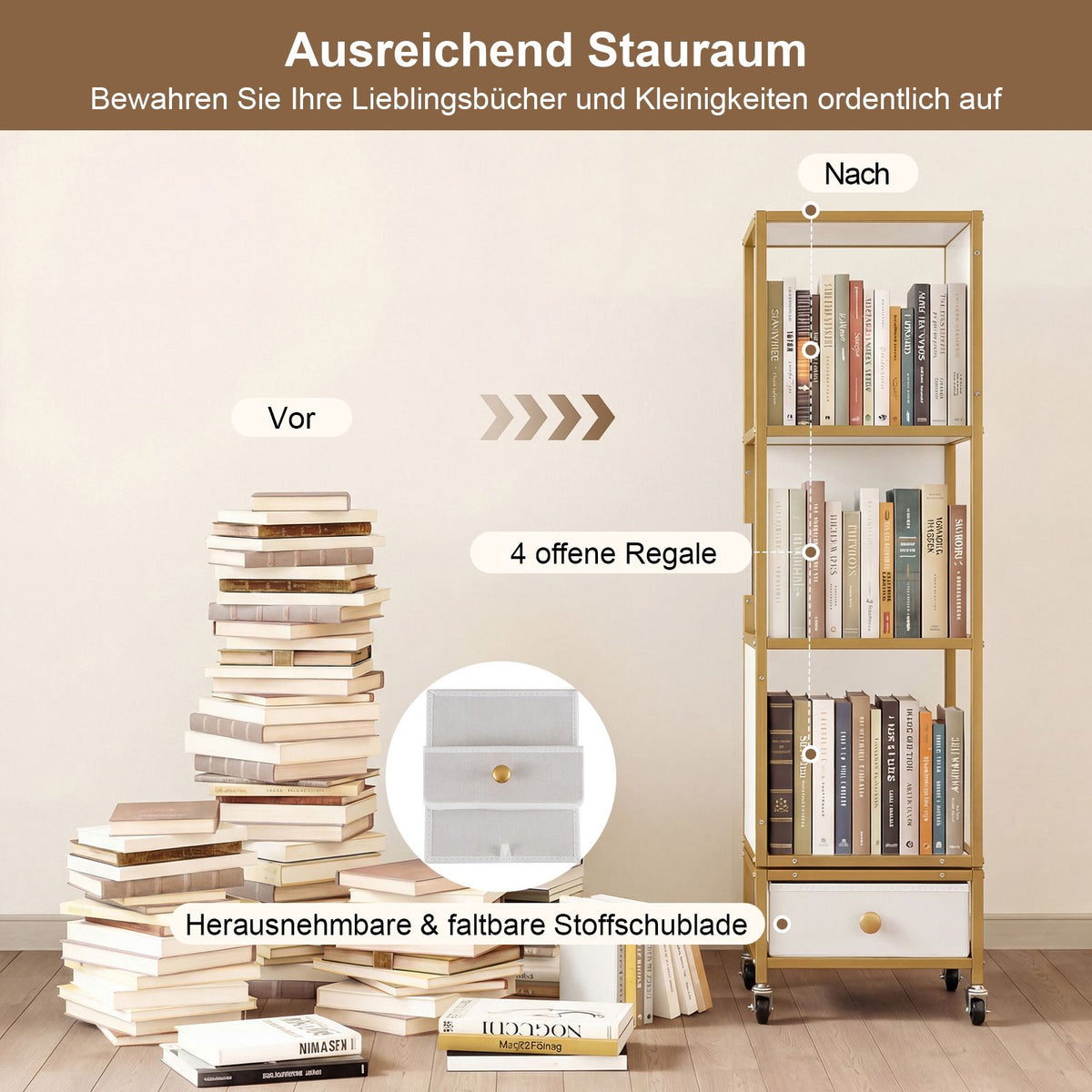 4-Tier Rotating Bookshelf with Wheels and Fabric Drawer
