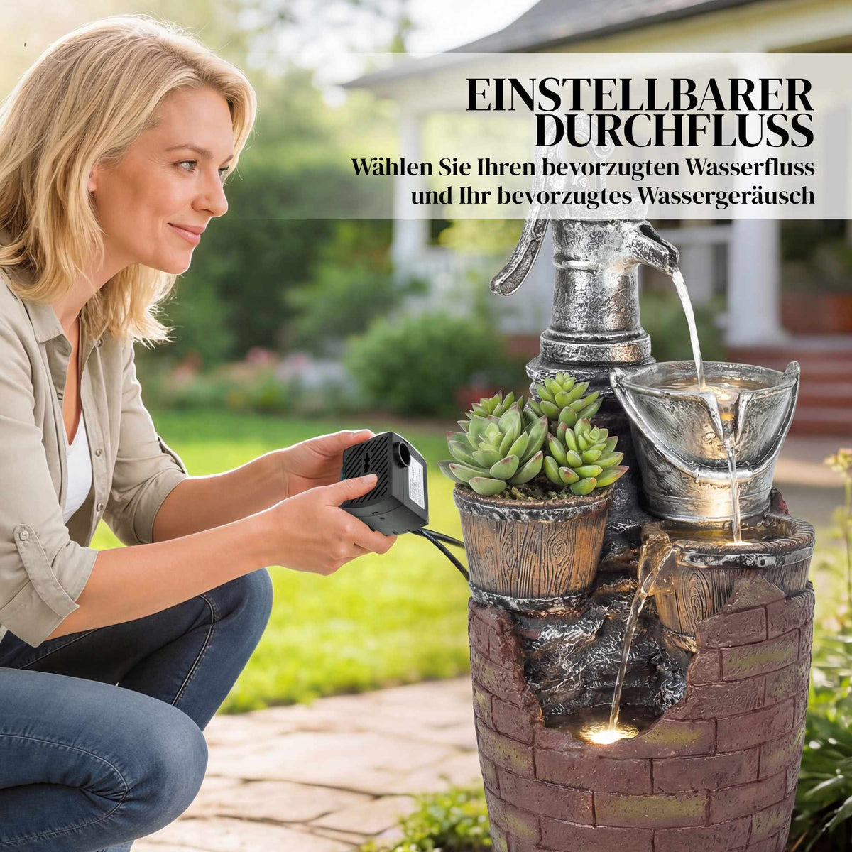 4-Tier Rustic Garden Fountain with LED Lights and Planter