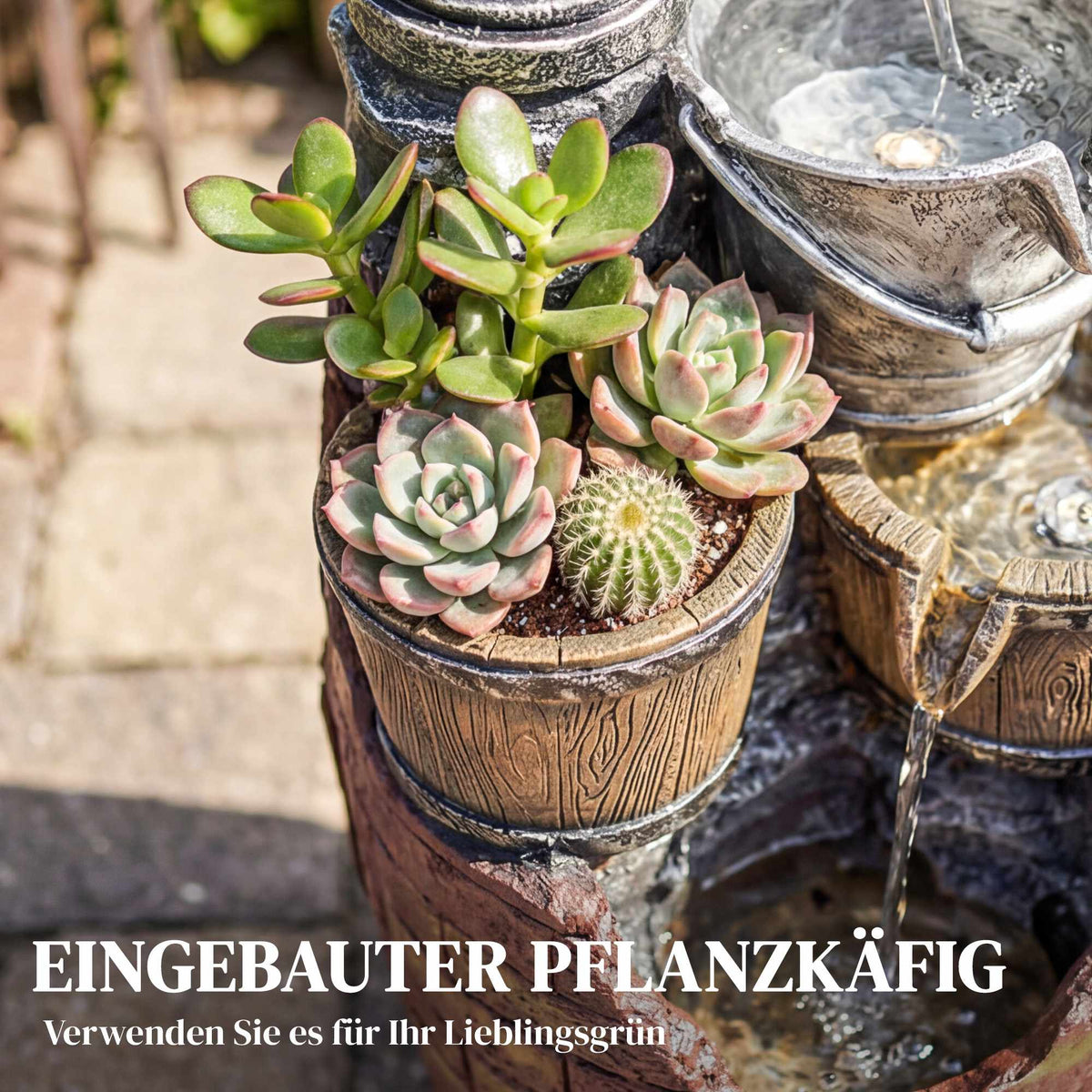 4-Tier Rustic Garden Fountain with LED Lights and Planter