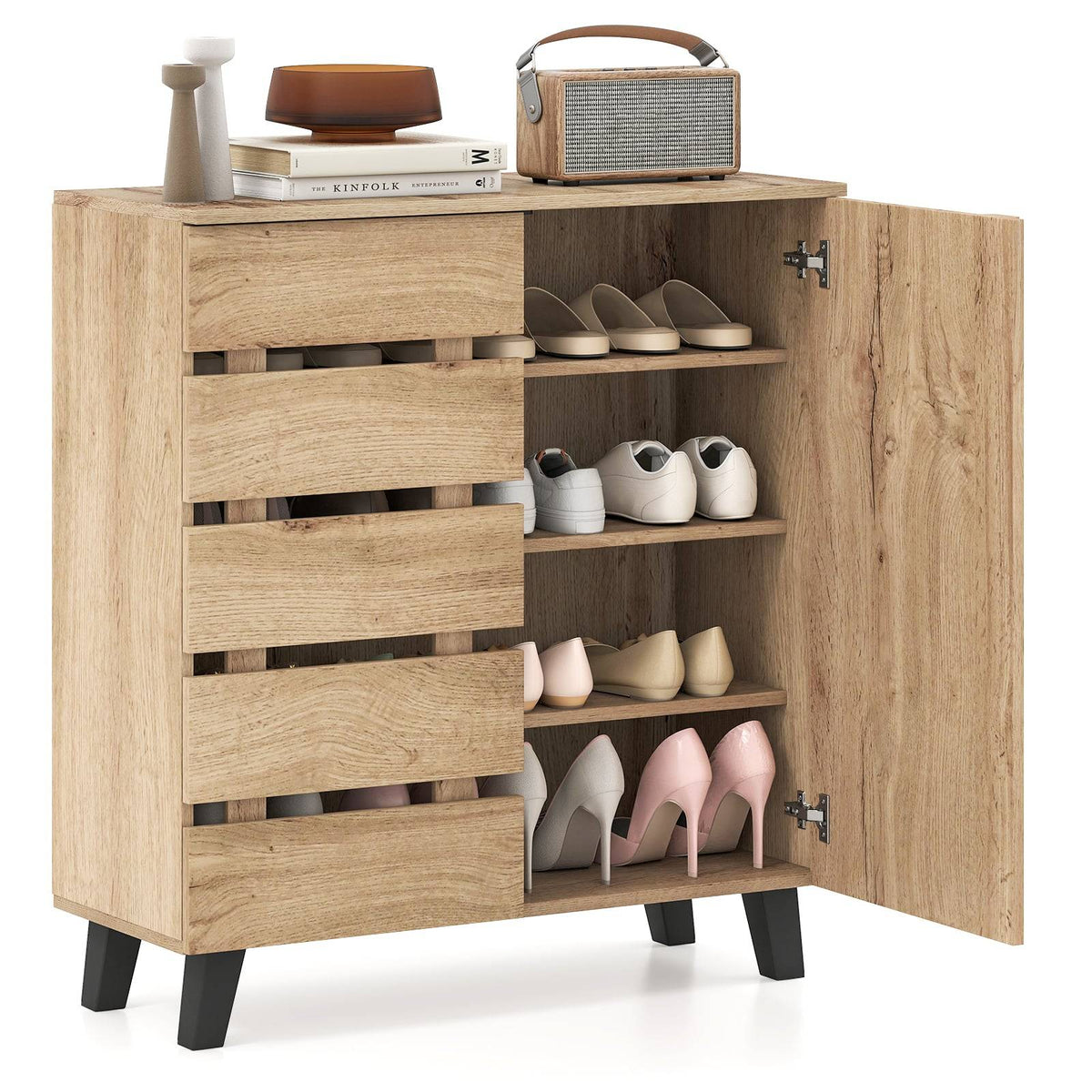 4-Tier Shoe Cabinet with Louvered Doors & Removable Shelves