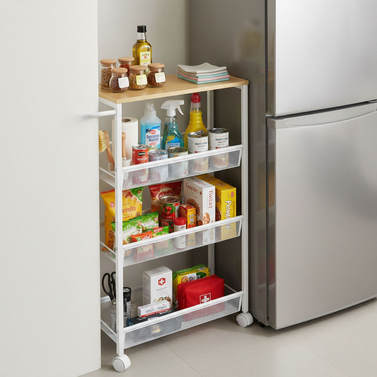 4-Tier Slim Kitchen Trolley – Metal & Wood Finish