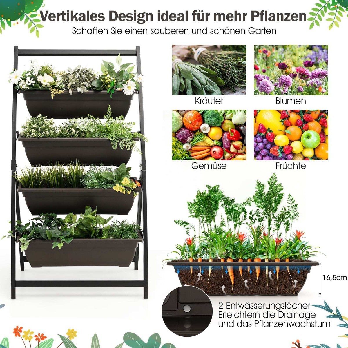 4-Tier Vertical Planter with Removable Boxes & Drainage