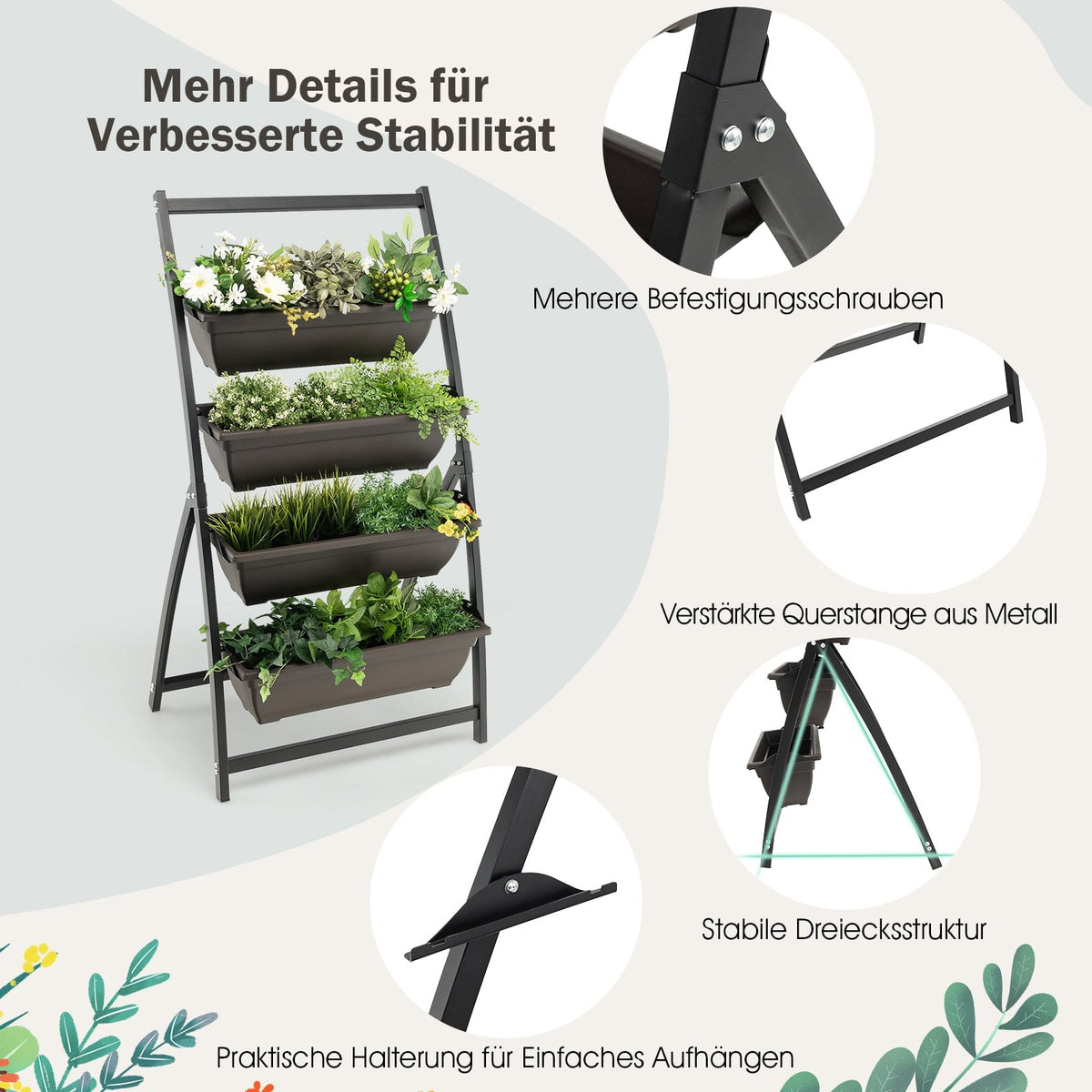 4-Tier Vertical Planter with Removable Boxes & Drainage