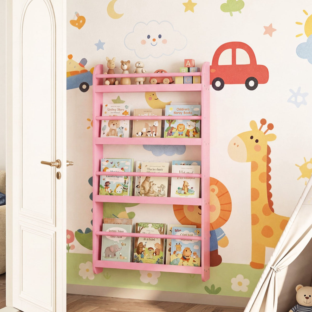 4-Tier Wall-Mounted Kids Bookshelf, Pink Cover Display